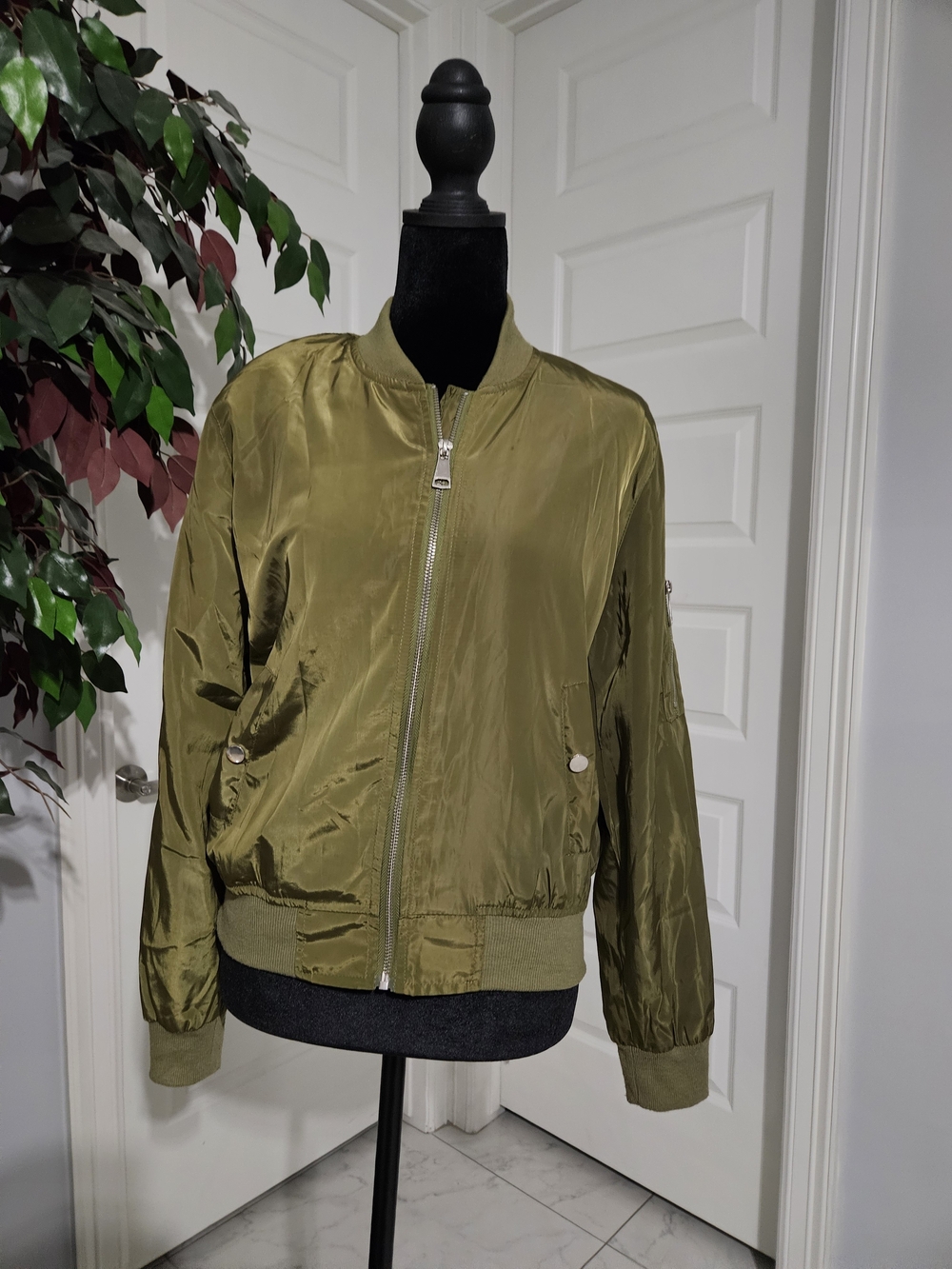 36.5 Women's Olive Green Bomber Jacket - Lightweight Zip Front